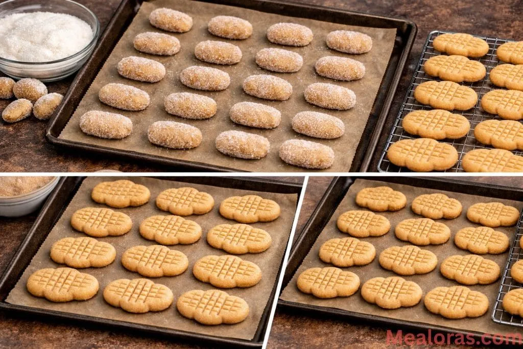 Rolling peanut butter dough logs in sugar, pressing with a fork for a criss-cross pattern, and pinching the sides to form a peanut shape