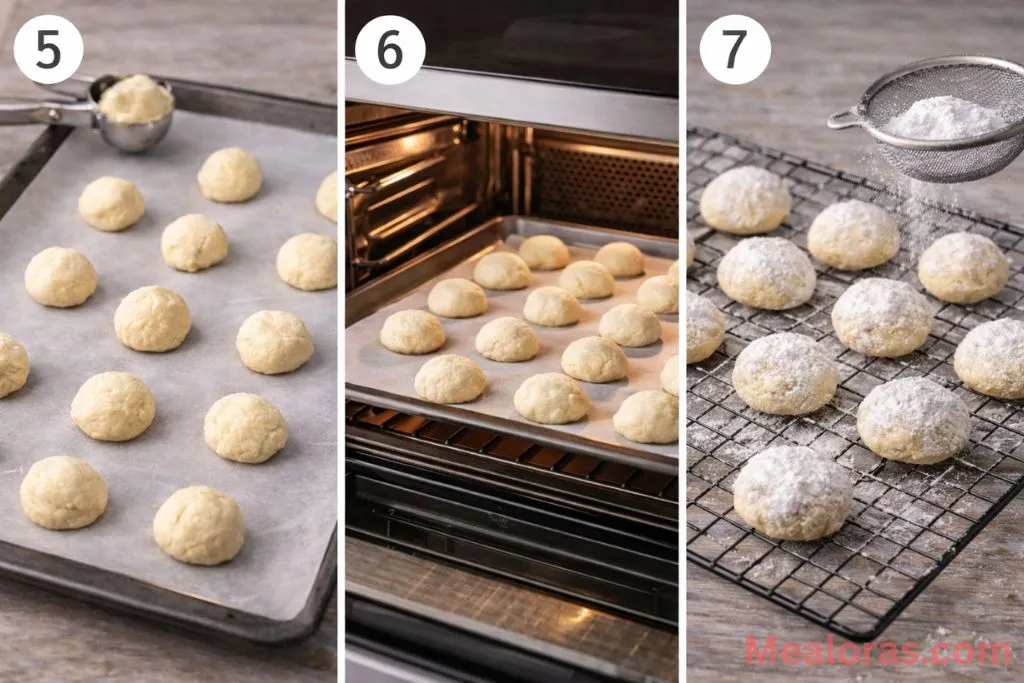 Raw dough balls arranged on a parchment-lined baking sheet before entering the oven
