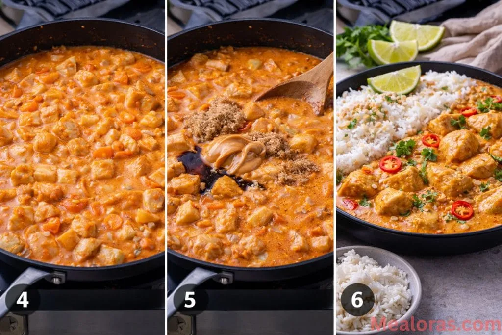 showing the curry simmering in a pan, stirring in creamy peanut butter, and adding a squeeze of fresh lime juice