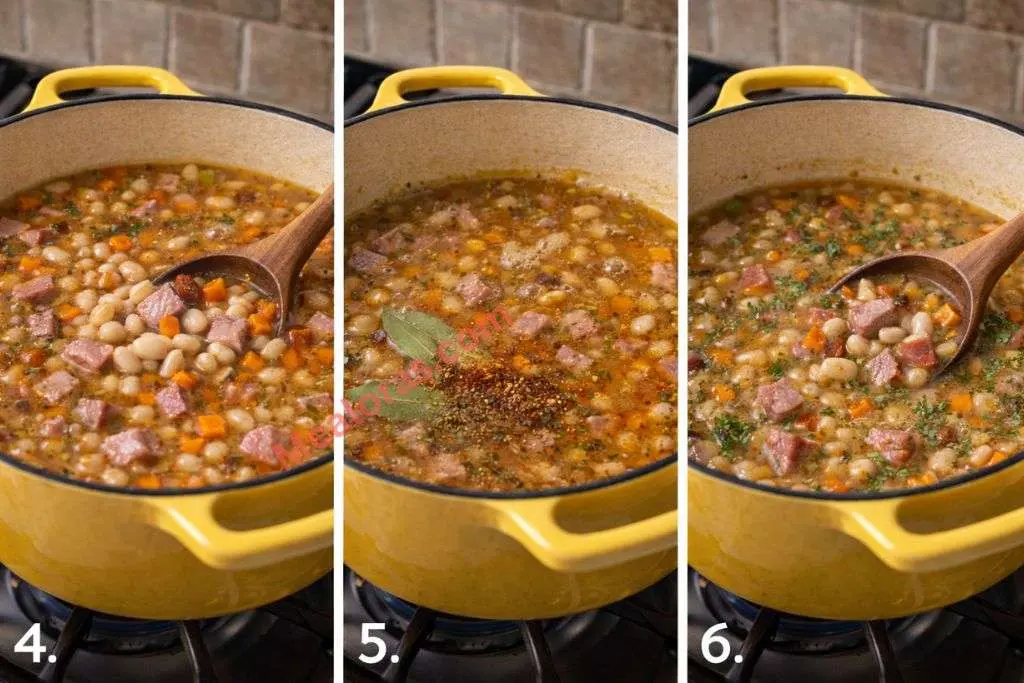Stirring diced ham and Great Northern beans into a pot of simmering chicken broth and herbs