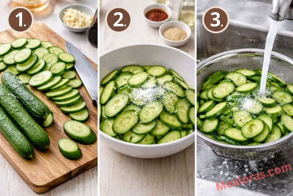 Persian cucumbers in a glass bowl being sprinkled with salt to draw out moisture