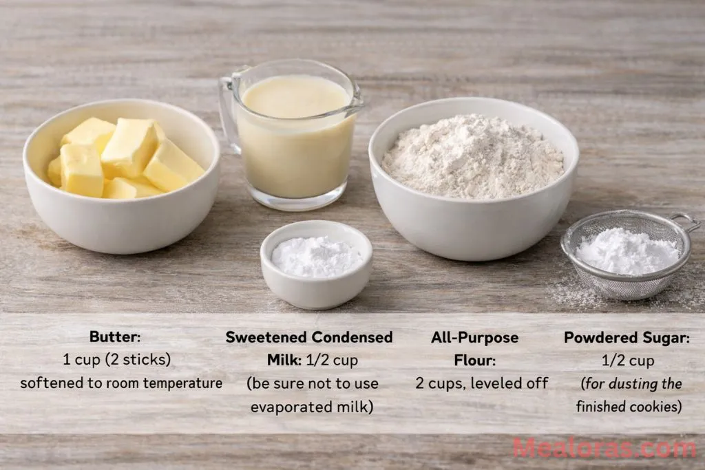 Flat lay of butter, sweetened condensed milk, flour, baking powder, and powdered sugar in glass bowls