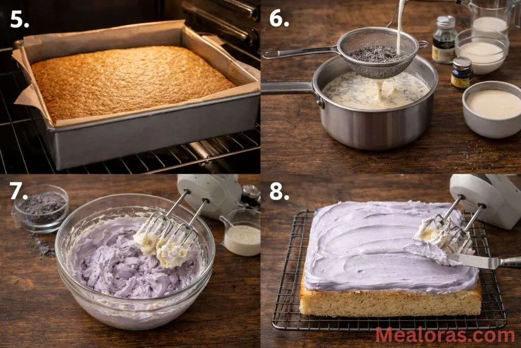 poking holes in a baked cake while a milky Earl Grey soak is poured over the top