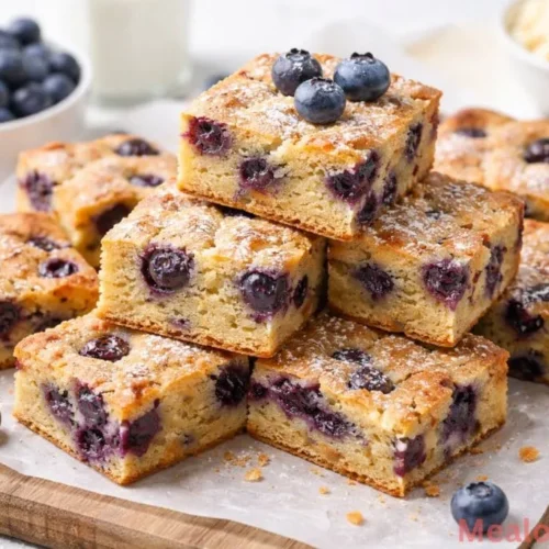 overhead shot of sliced blueberry blondies showing juicy berries and a golden-brown fudgy texture