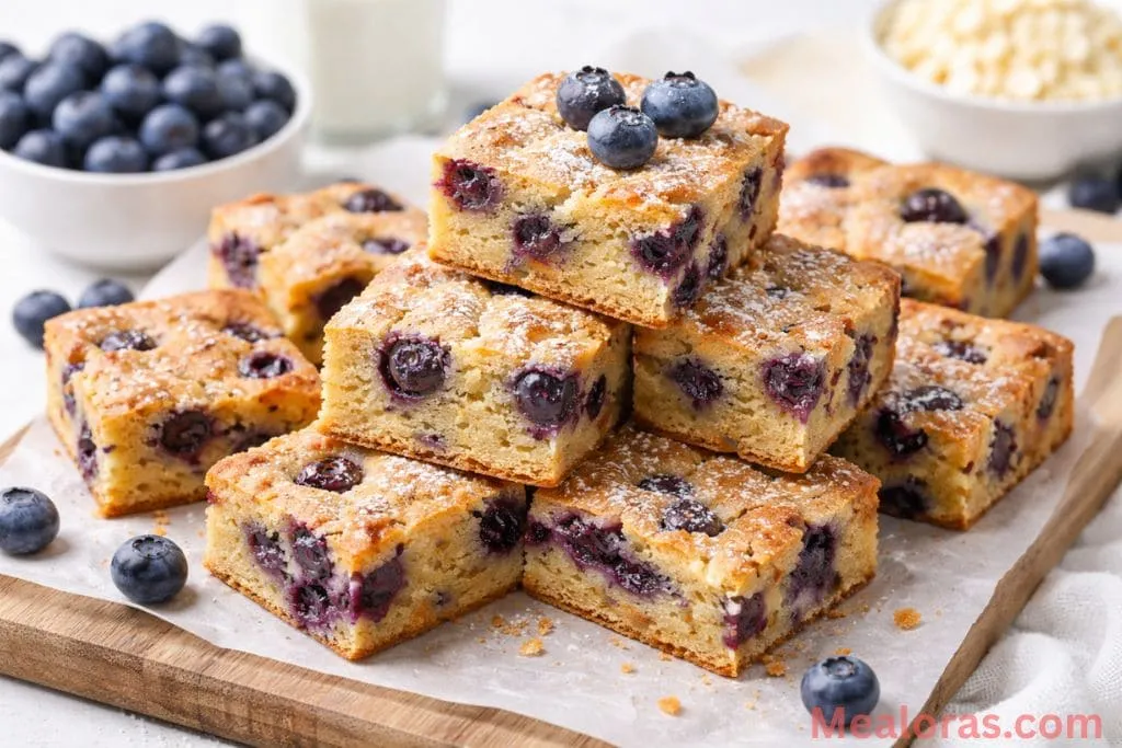 overhead shot of sliced blueberry blondies showing juicy berries and a golden-brown fudgy texture