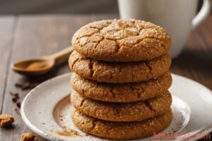 soft gingerbread cookies on a white plate with crumbs nearby