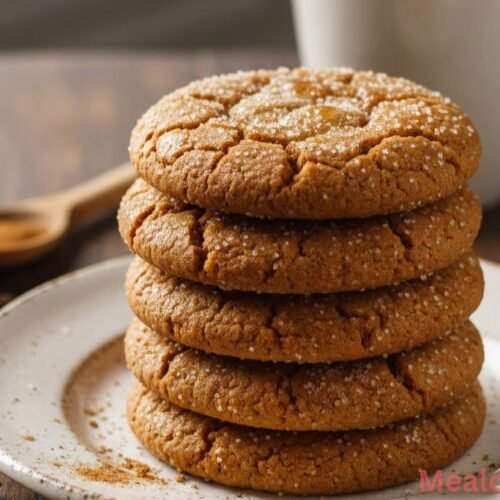 soft gingerbread cookies on a white plate with crumbs nearby