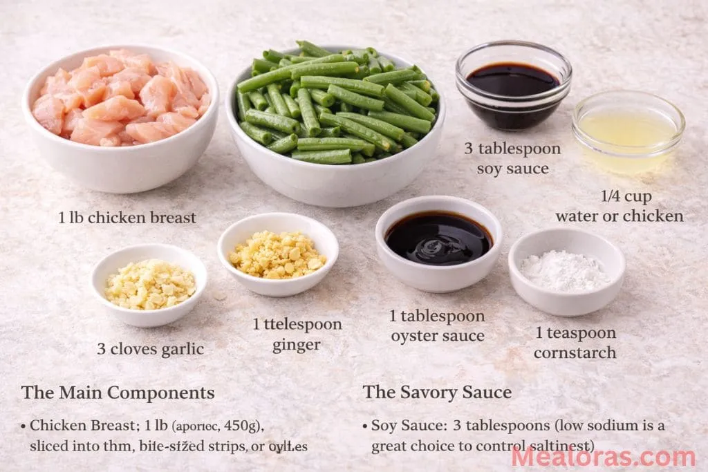 ingredients including sliced chicken breast, trimmed green beans, minced garlic, and ginger