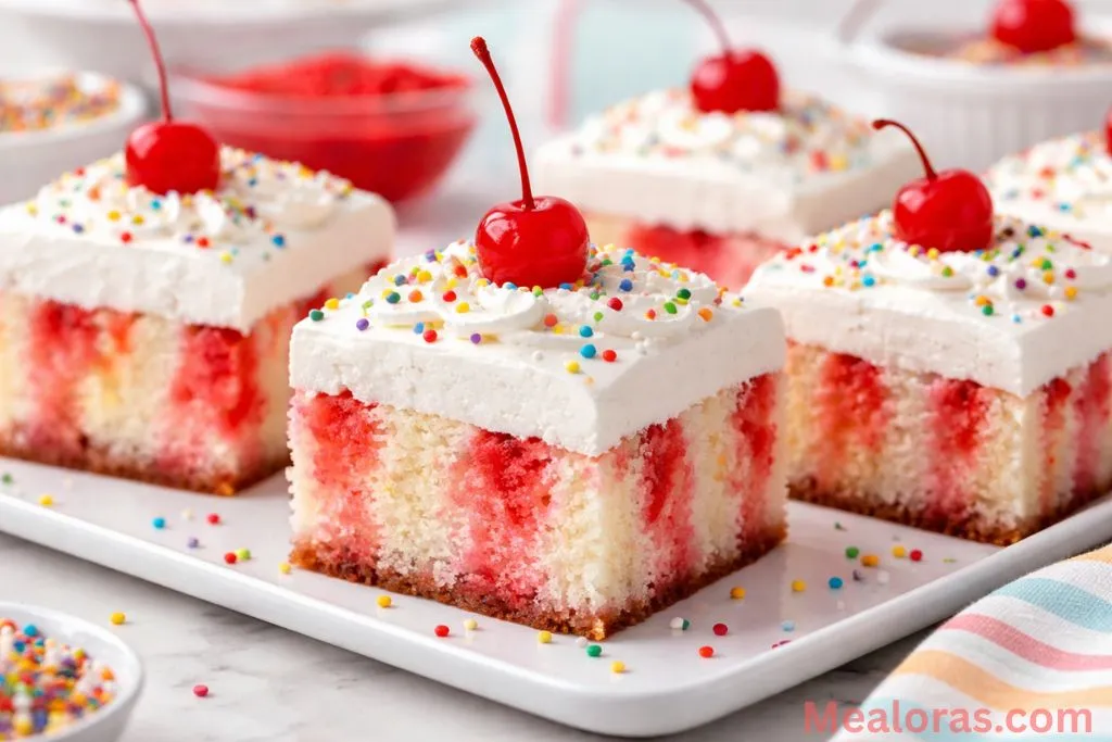 Sliced strawberry jello poke cake with whipped topping on a white plate.