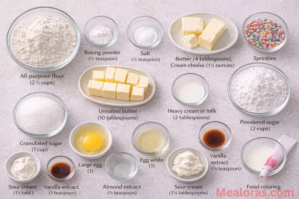bowls containing flour, sugar, butter, sour cream, and vanilla extract arranged on a kitchen counter