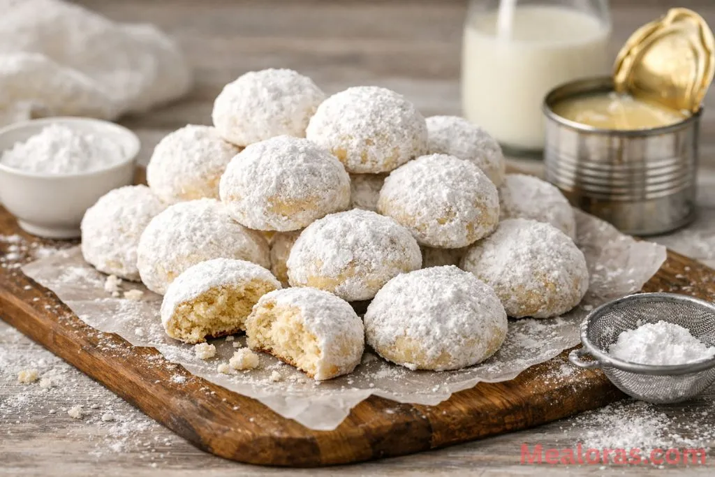 : A stack of white powdered sugar snowball cookies made with sweetened condensed milk on a dark serving platter