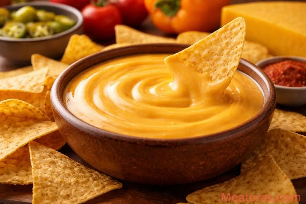 : Warm nacho cheese sauce being drizzled over a plate of seasoned fries and beef tacos.