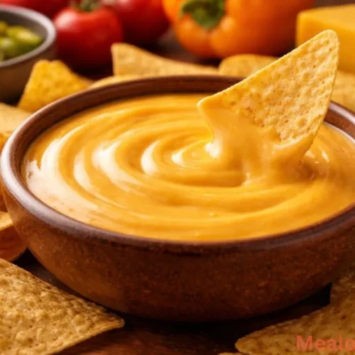 A small white bowl filled with smooth, golden Taco Bell nacho cheese sauce surrounded by crunchy tortilla chips