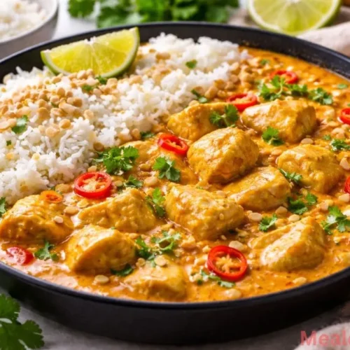 A bowl of creamy Thai peanut curry chicken served over white jasmine rice and topped with crushed peanuts