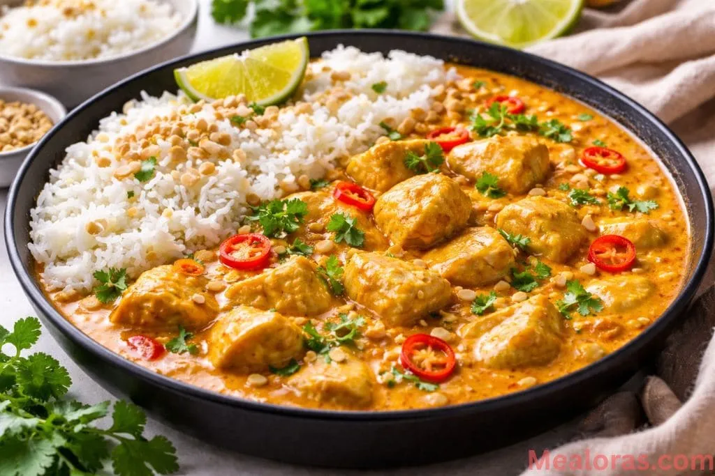 A bowl of creamy Thai peanut curry chicken served over white jasmine rice and topped with crushed peanuts