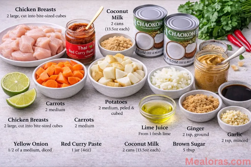 ingredients for Thai curry including raw chicken cubes, coconut milk cans, red curry paste, peanut butter, and chopped vegetables