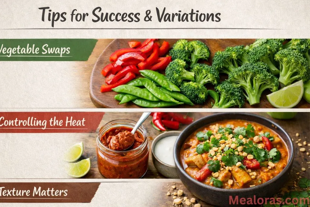 of peanut curry featuring extra broccoli and red bell peppers served in a shallow bowl.