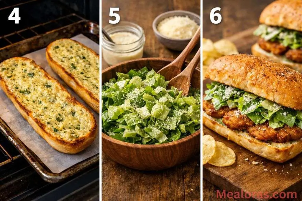 Toasted garlic bread topped with crispy fried chicken and Caesar-dressed romaine lettuce