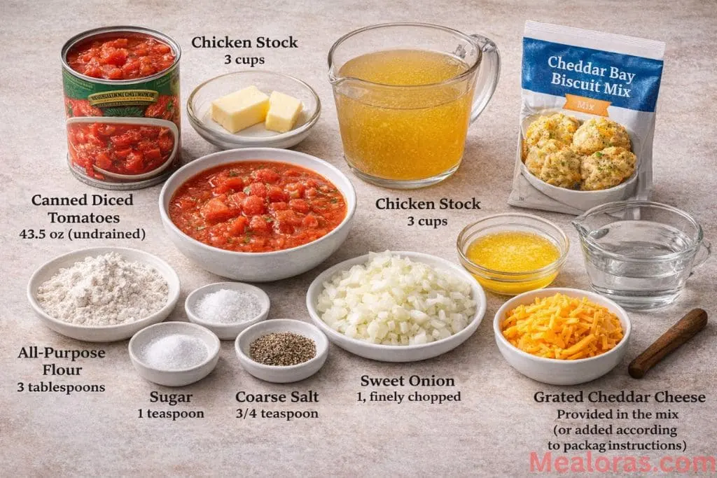 Measured ingredients including canned diced tomatoes, chicken stock, flour, sweet onion, and cheddar bay biscuit mix on a kitchen counter