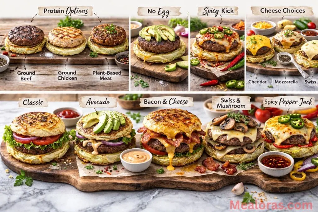 A variation of the cabbage burger made with ground turkey and different cheese toppings