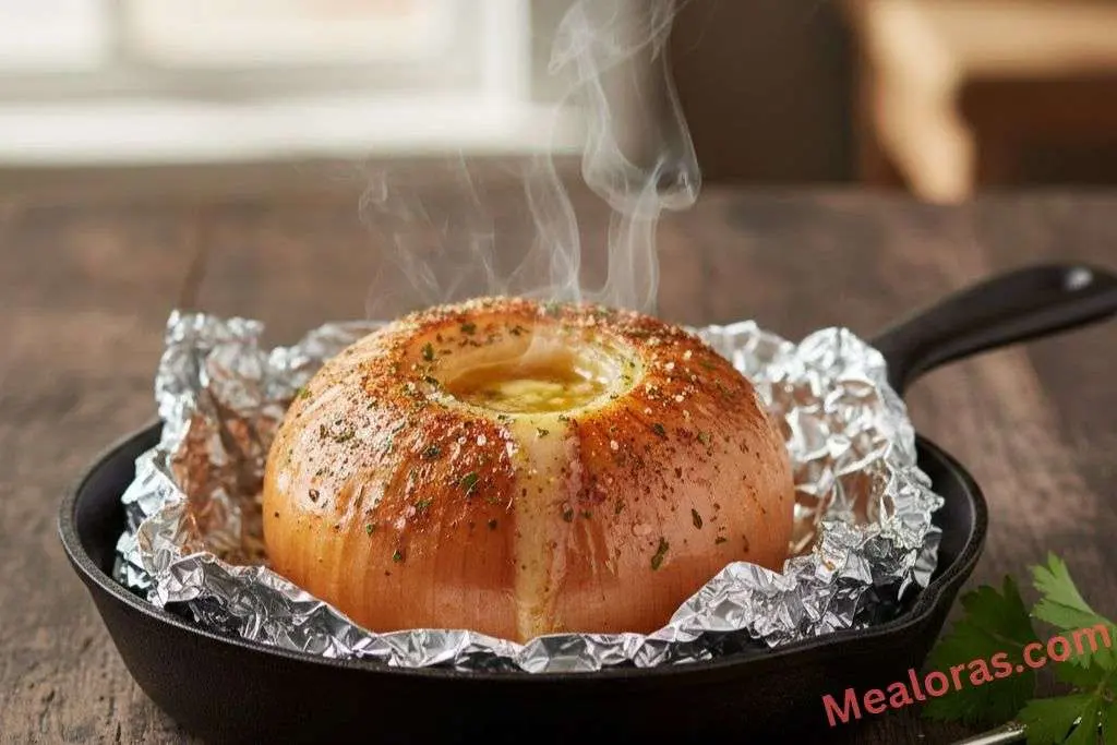 A tender, roasted sweet onion unwrapped in foil, dripping with melted butter and Cajun spices