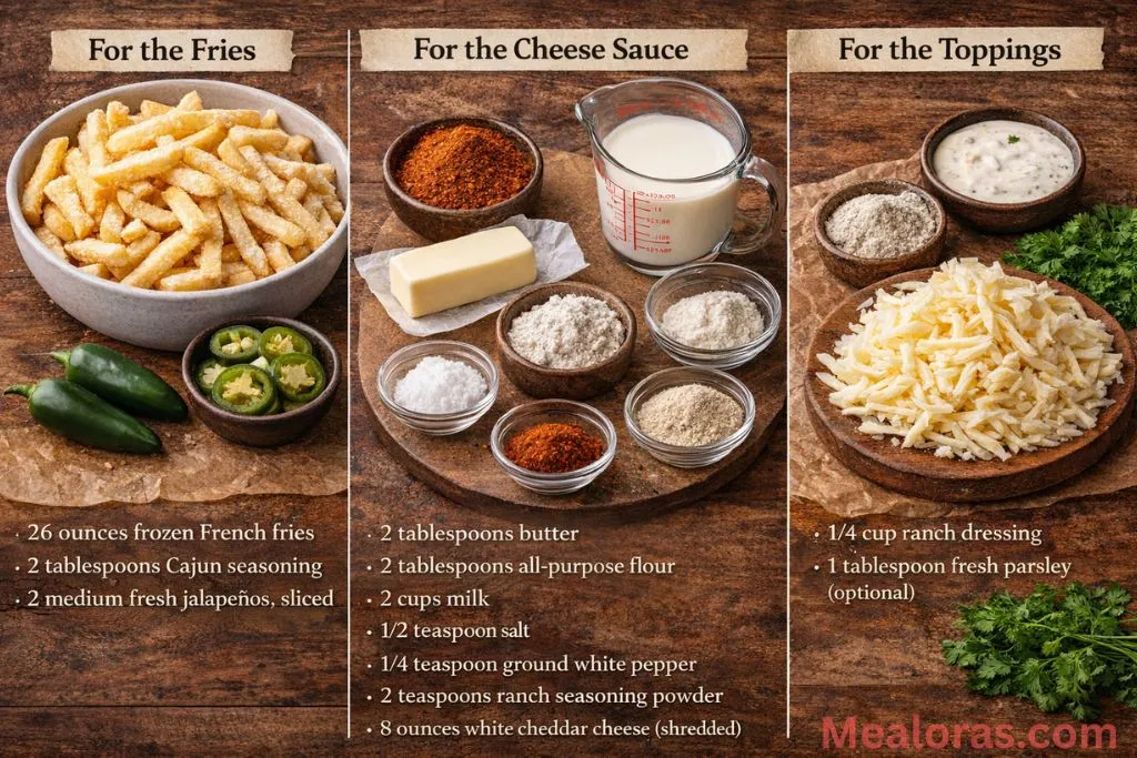 Grouped ingredients including frozen fries, white cheddar, jalapeños, and milk
