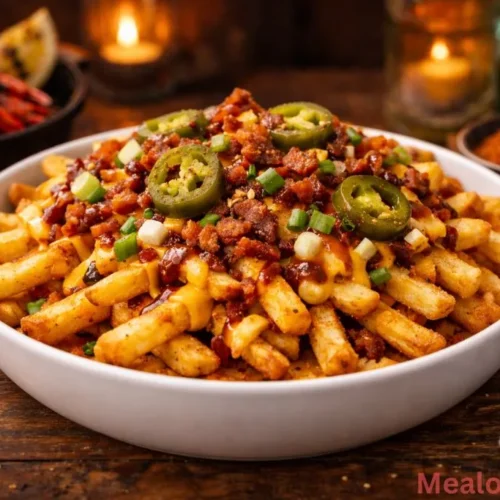 Overlooking a plate of crispy Voodoo Fries with white cheese sauce and jalapeños