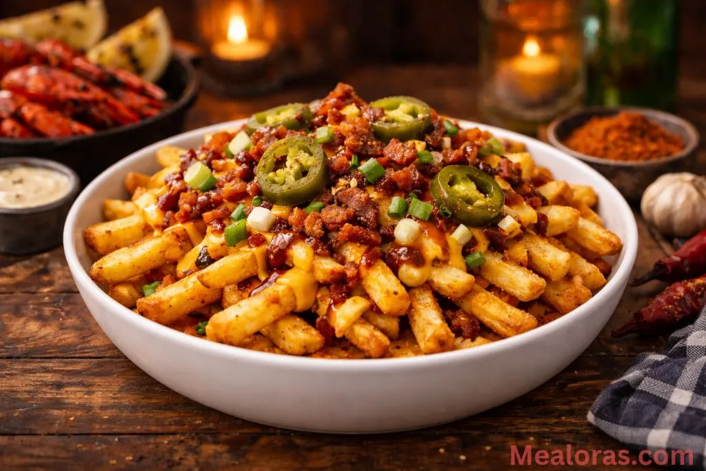 Overlooking a plate of crispy Voodoo Fries with white cheese sauce and jalapeños