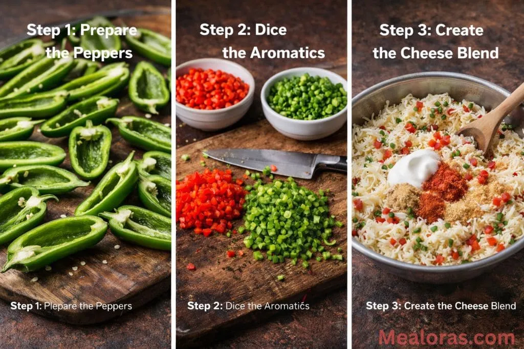 Hands wrapping thin bacon strips around stuffed jalapenos and placing them on a lined baking sheet