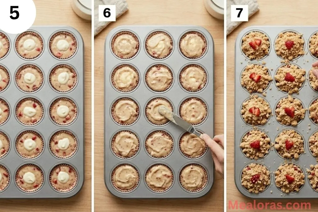 Steps for layering muffin batter, filling, and adding streusel topping