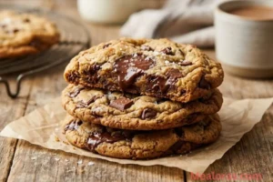 Oversized bakery style chocolate chip cookies with melted chocolate pools and sea salt