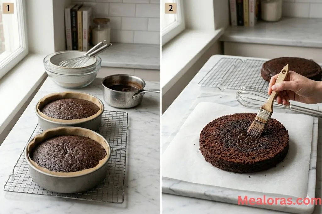 Brushing a dark cocoa syrup soak onto a freshly baked round chocolate cake layer