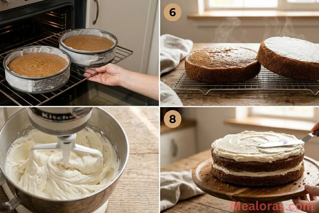 Images of cake layers in pans and the cream cheese frosting being whipped until fluffy
