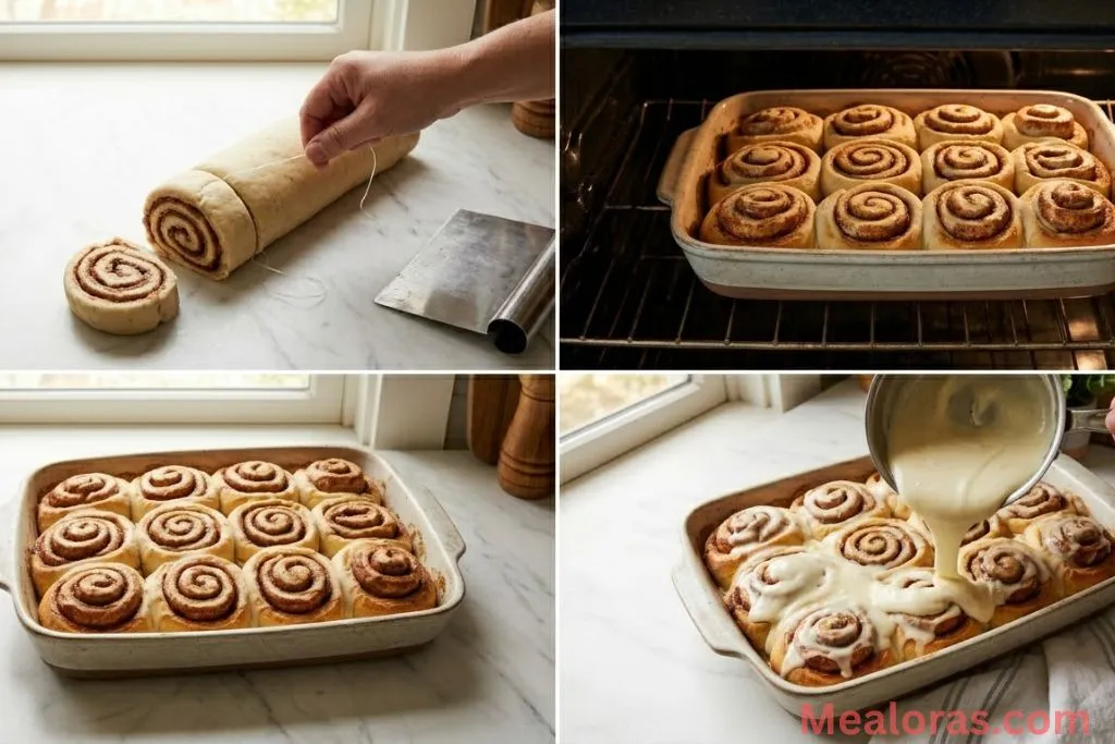 Grid showing slicing the rolls, baking in a pan, and drizzling warm frosting
