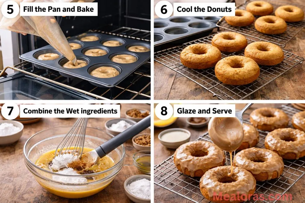 Collage showing batter piped into a donut pan and finished donuts being dipped in glaze