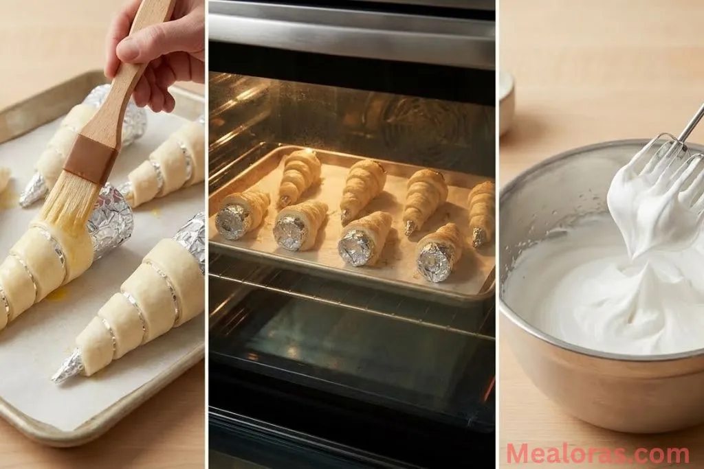 Brushing pastry with egg wash and whipping marshmallow filling