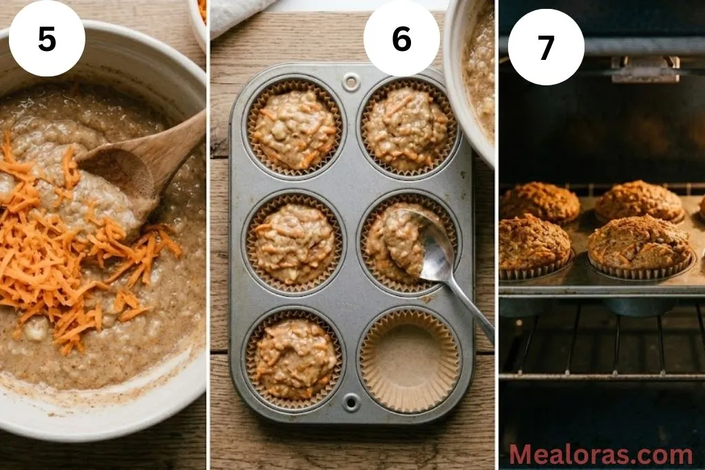 Steps showing folding in carrots, filling muffin tins, and baking
