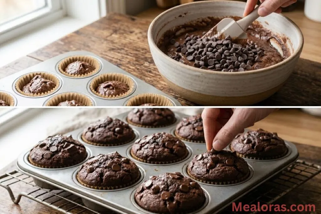 Folding in chocolate chips and muffins baking in a tin