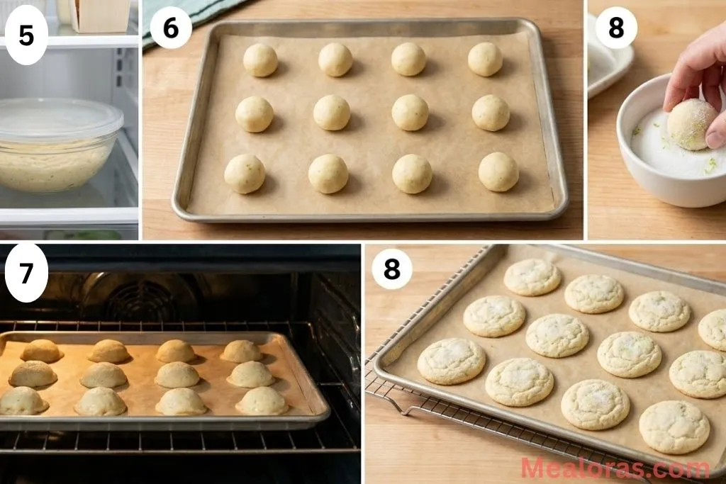 Chilled dough balls rolled in sugar and placed on a baking sheet