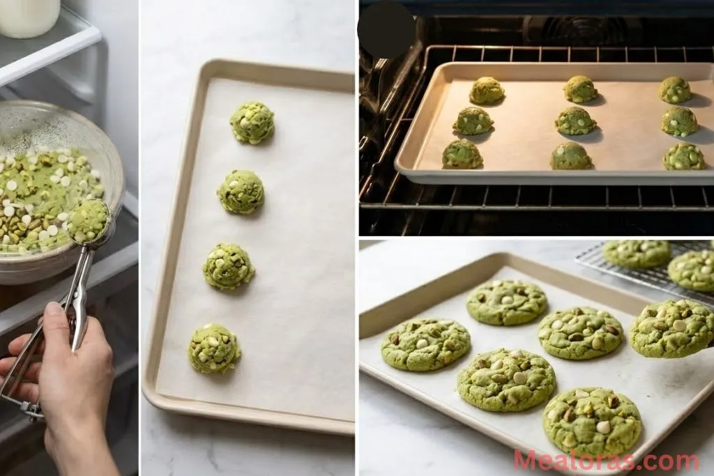 showing green cookie dough balls on a baking sheet and then cooling on a wire rack