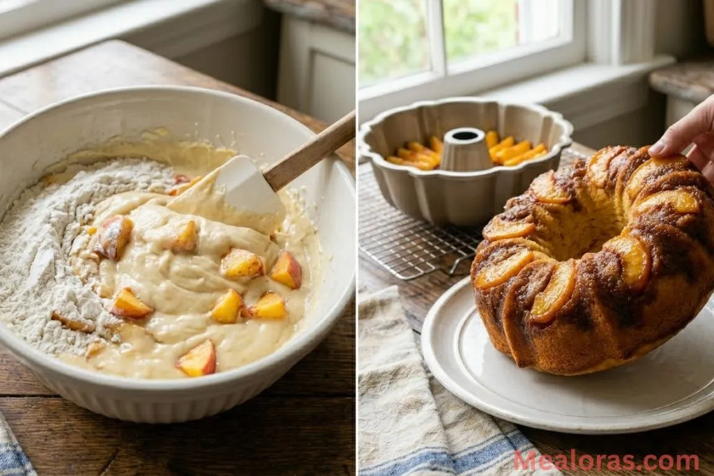 Batter being poured into a Bundt pan and the golden baked cake