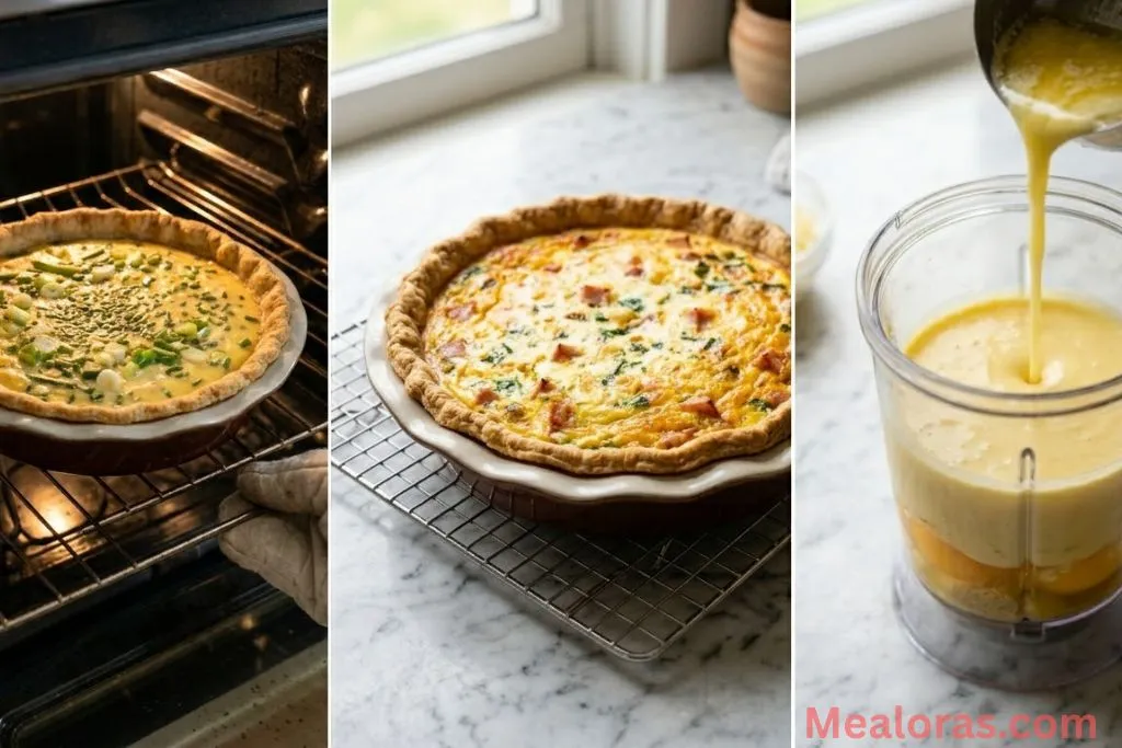 Steps for baking the quiche and blending fresh hollandaise sauce