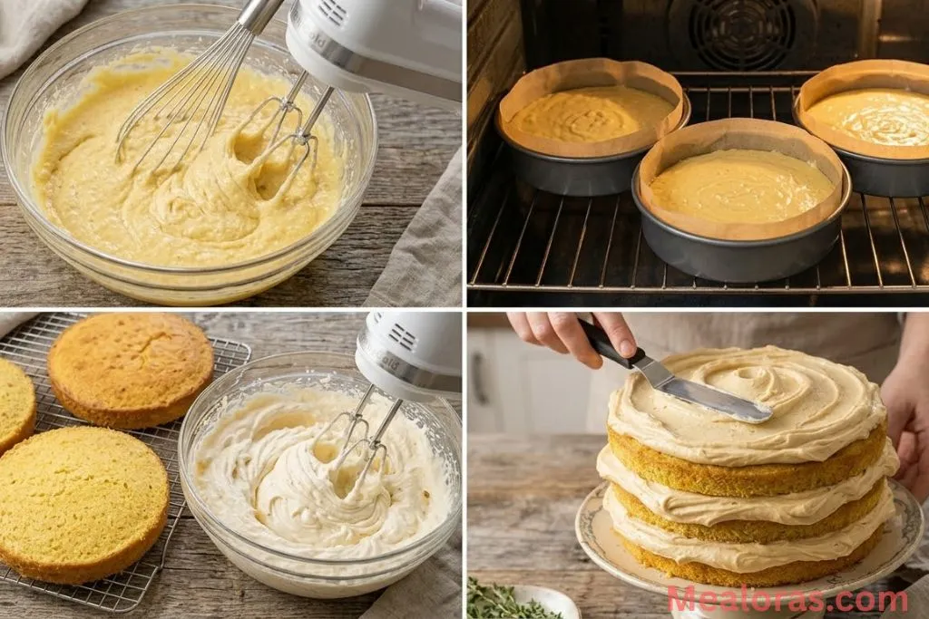 Collage showing batter in round pans, baked layers cooling, and initial frosting layers