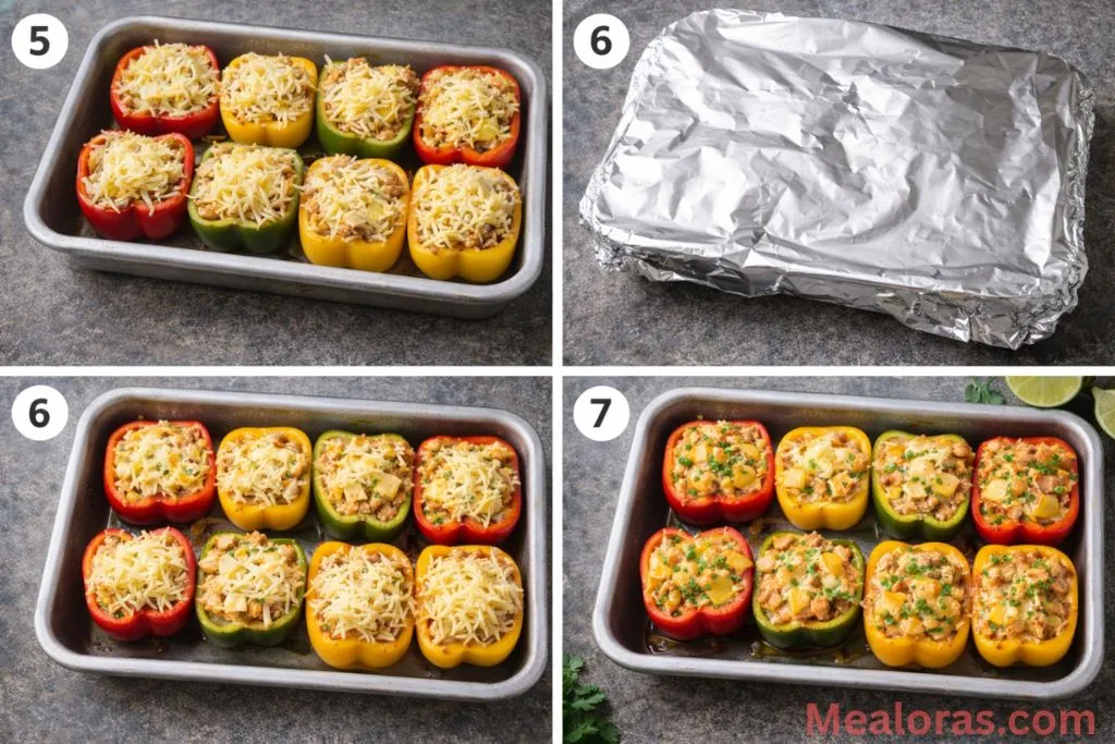 Stuffed peppers topped with cheese and baking in a dish until golden