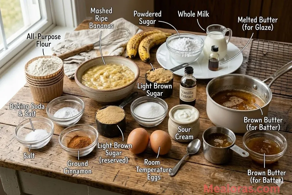 ingredients for banana bread including brown butter, ripe bananas, and spices