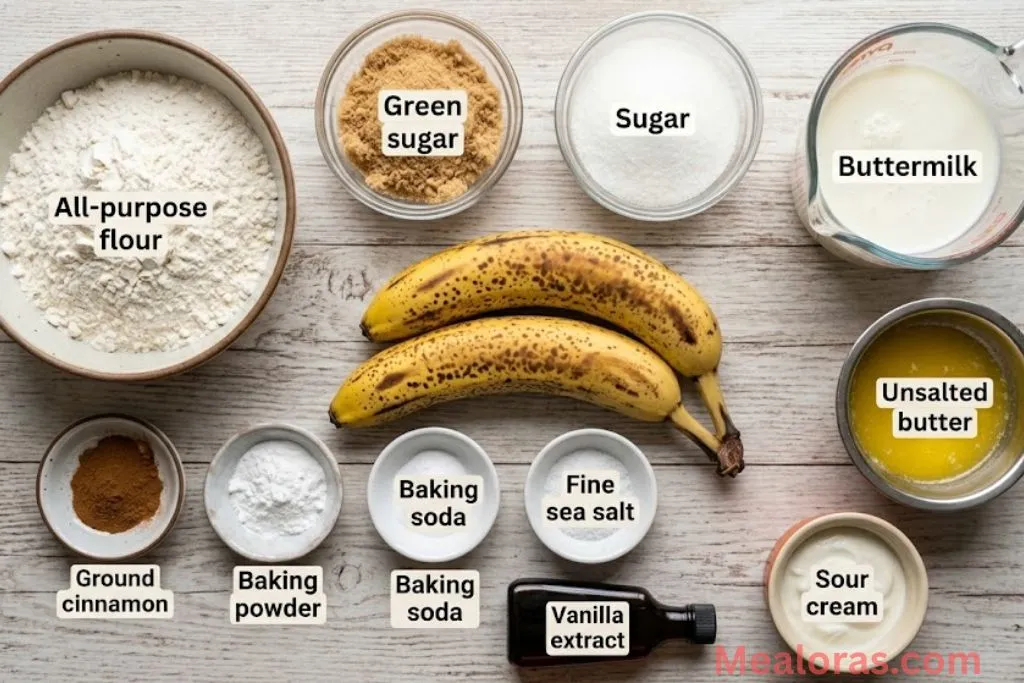 Flat lay of flour, cinnamon, mashed bananas, buttermilk, and brown sugar in glass bowls
