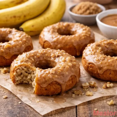 stack of golden brown baked banana donuts dripping with a glossy brown sugar glaze on a wire rack
