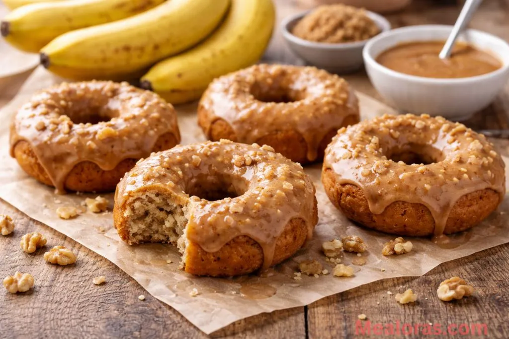 stack of golden brown baked banana donuts dripping with a glossy brown sugar glaze on a wire rack