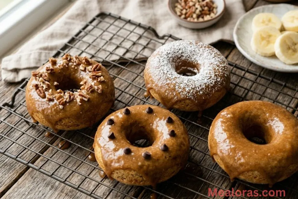 Baked donuts topped with caramelized banana slices and a dash of extra cinnamon