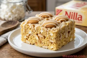 Banana pudding rice krispie treats topped with vanilla wafers and glaze